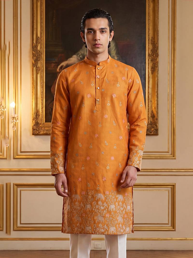 Mens orange silk blend woven design calf length straight regular kurta