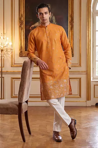 Mens orange silk blend woven design calf length straight regular kurta