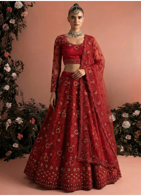 Red Indian Wedding Bridal Wear Premium Butterfly Net Lehenga Choli Set With Banglori Silk Inner For Women's 1