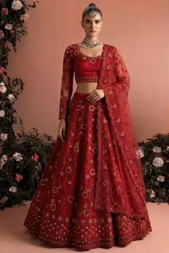 Red Indian Wedding Bridal Wear Premium Butterfly Net Lehenga Choli Set With Banglori Silk Inner For Women's