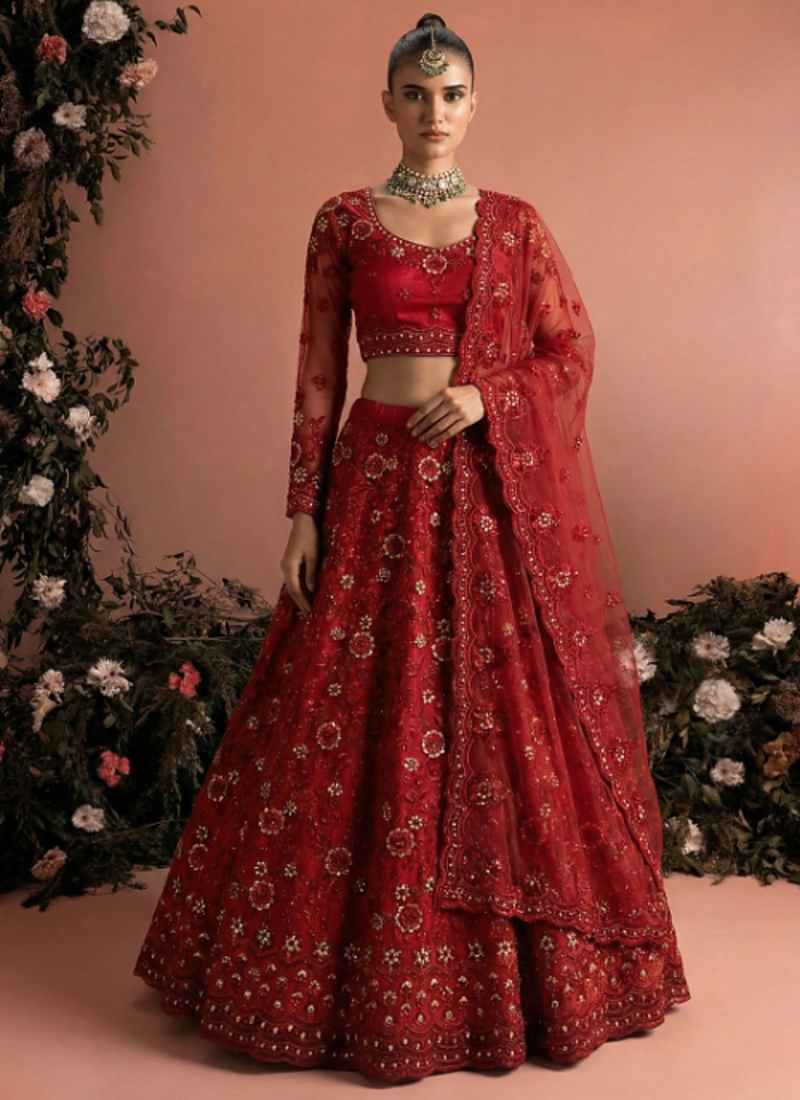 Red Indian Wedding Bridal Wear Premium Butterfly Net Lehenga Choli Set With Banglori Silk Inner For Women's