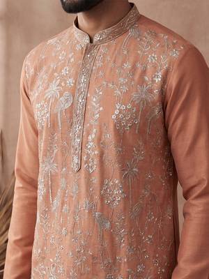 Mens orange modal embroidered calf length straight regular kurta with trouser 2