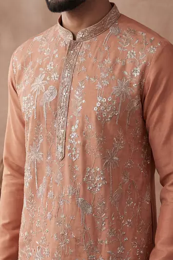 Mens orange modal embroidered calf length straight regular kurta with trouser