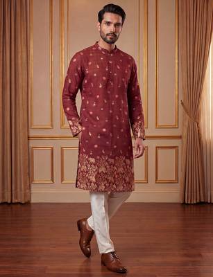Mens maroon silk blend woven design calf length straight regular kurta 3
