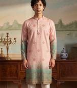 Mens peach silk blend woven design calf length straight regular kurta