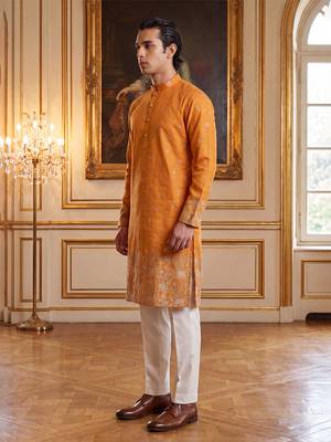 Mens orange silk blend woven design calf length straight regular kurta 3