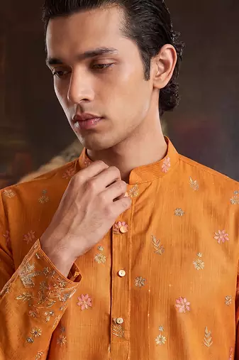 Mens orange silk blend woven design calf length straight regular kurta