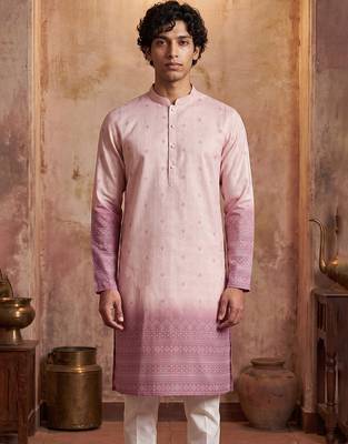 Mens pink silk blend woven design calf length straight regular kurta 1