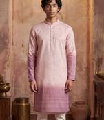 Mens pink silk blend woven design calf length straight regular kurta