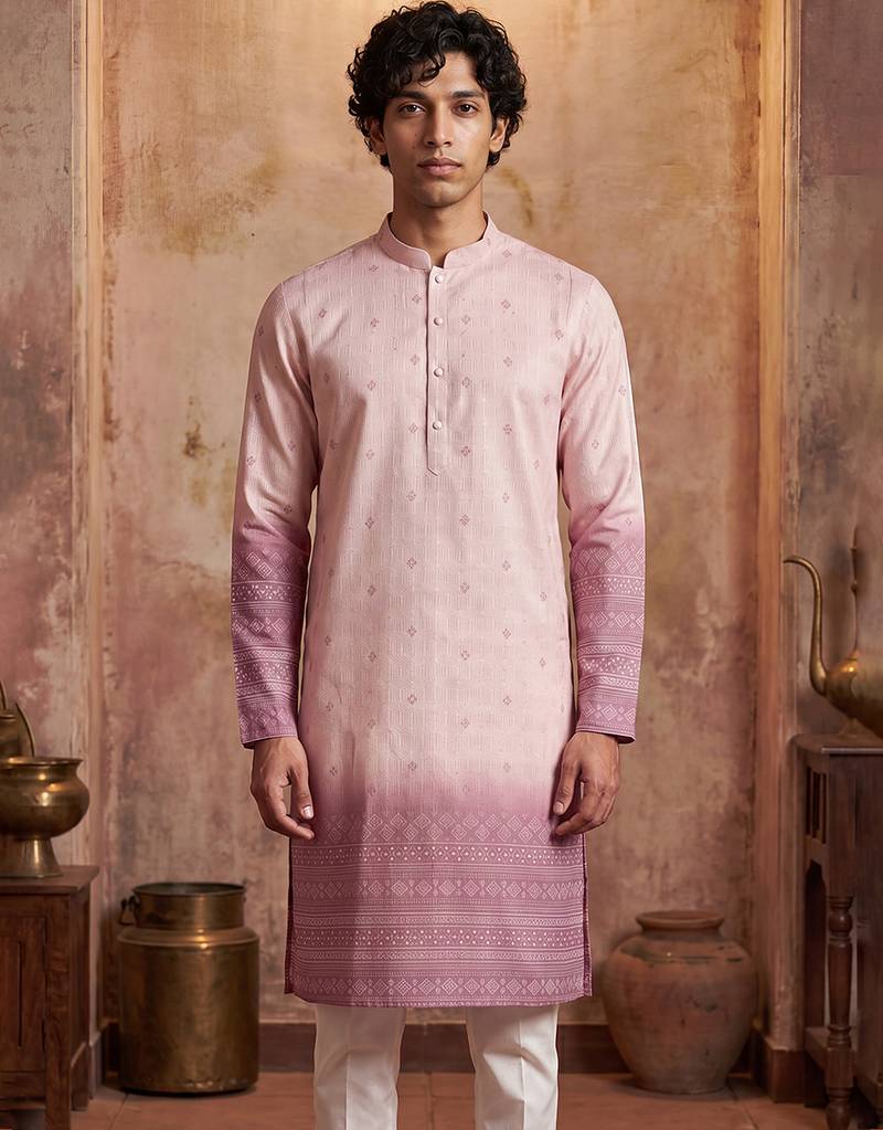 Mens pink silk blend woven design calf length straight regular kurta
