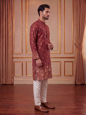Mens maroon silk blend woven design calf length straight regular kurta 4