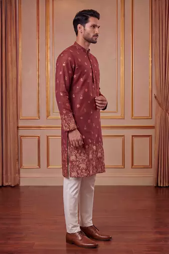 Mens maroon silk blend woven design calf length straight regular kurta