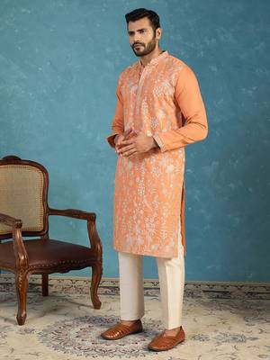 Mens orange modal embroidered calf length straight regular kurta with trouser 3