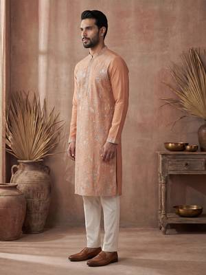 Mens orange modal embroidered calf length straight regular kurta with trouser 3
