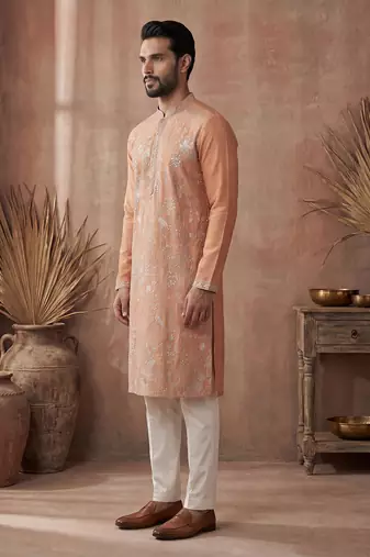 Mens orange modal embroidered calf length straight regular kurta with trouser