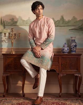 Mens peach silk blend woven design calf length straight regular kurta 2