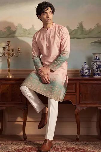 Mens peach silk blend woven design calf length straight regular kurta