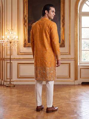 Mens orange silk blend woven design calf length straight regular kurta 4
