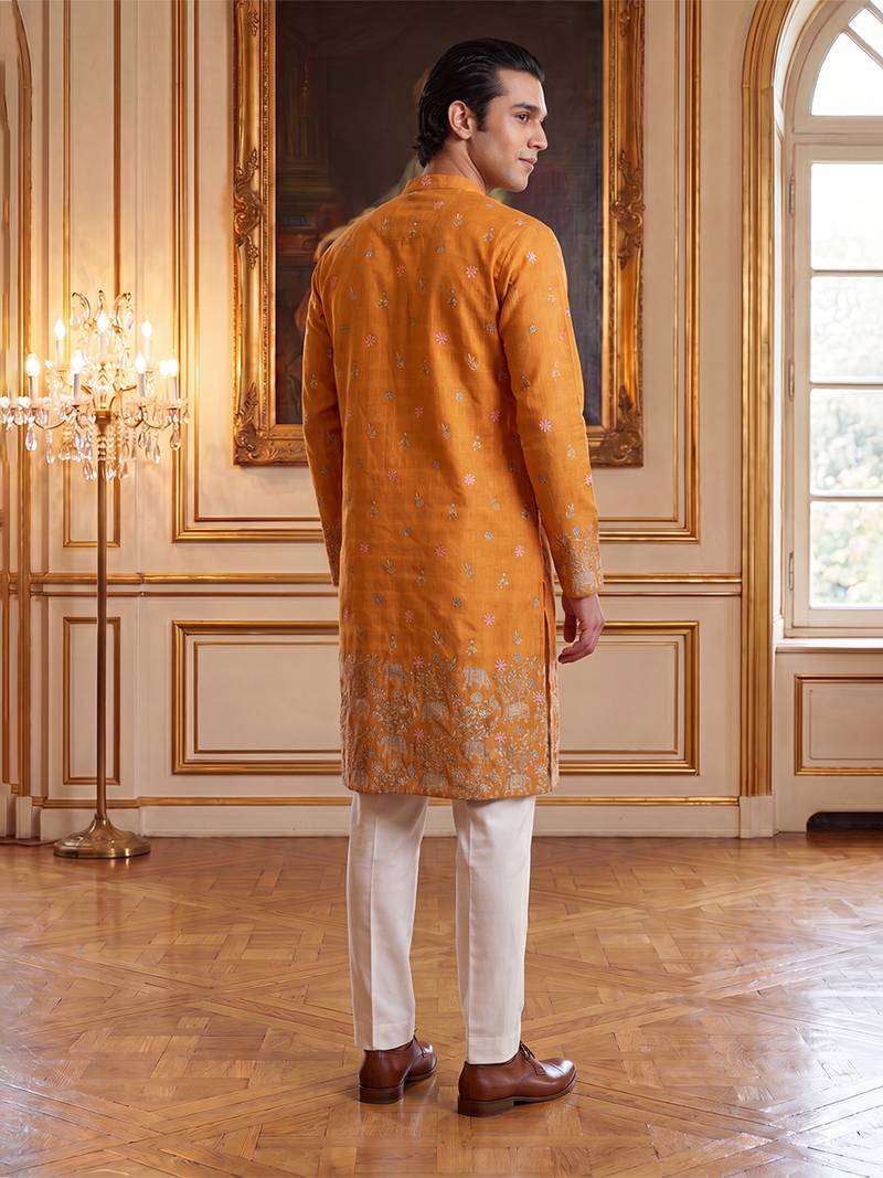 Mens orange silk blend woven design calf length straight regular kurta