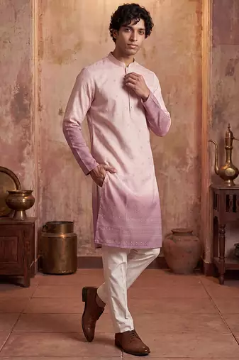 Mens pink silk blend woven design calf length straight regular kurta