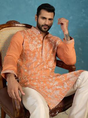 Mens orange modal embroidered calf length straight regular kurta 1