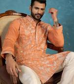 Mens orange modal embroidered calf length straight regular kurta