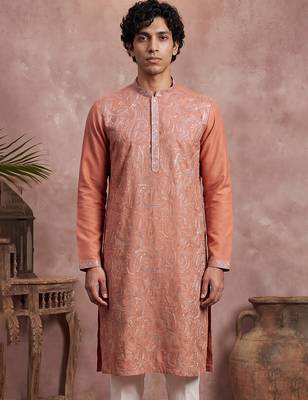 Mens orange modal embroidered calf length straight regular kurta 1
