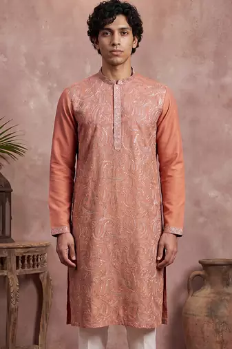 Mens orange modal embroidered calf length straight regular kurta