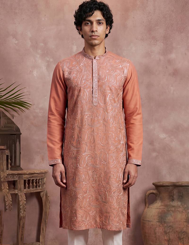 Mens orange modal embroidered calf length straight regular kurta