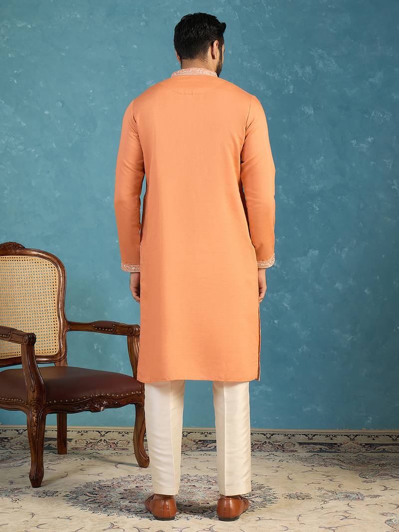 Mens orange modal embroidered calf length straight regular kurta with trouser