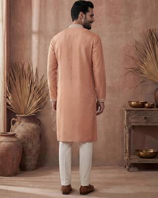 Mens orange modal embroidered calf length straight regular kurta with trouser 4