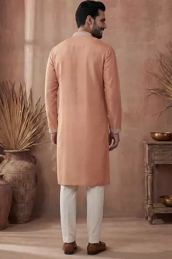 Mens orange modal embroidered calf length straight regular kurta with trouser