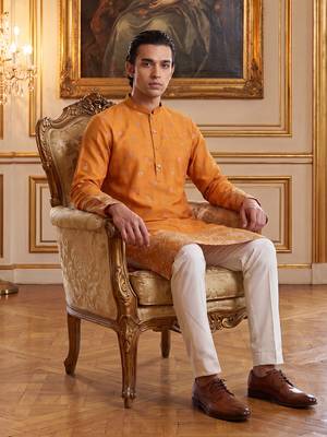 Mens orange silk blend woven design calf length straight regular kurta 5