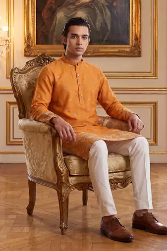 Mens orange silk blend woven design calf length straight regular kurta