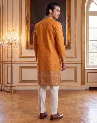 Mens orange silk blend woven design calf length straight regular kurta 5