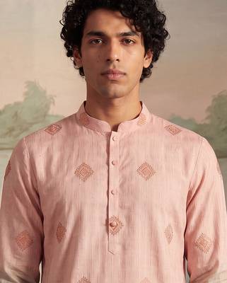 Mens peach silk blend woven design calf length straight regular kurta 3