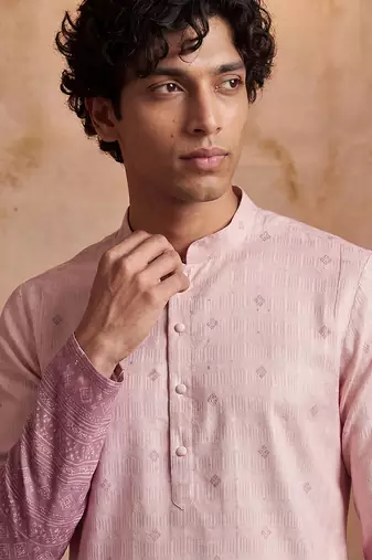 Mens pink silk blend woven design calf length straight regular kurta