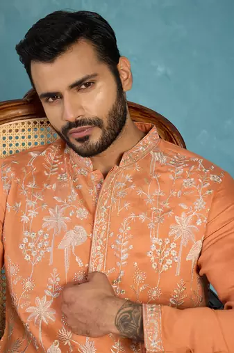 Mens orange modal embroidered calf length straight regular kurta