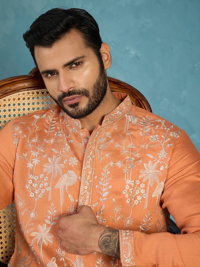 Mens orange modal embroidered calf length straight regular kurta