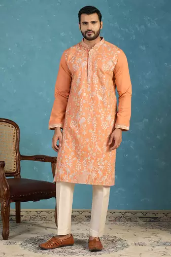 Mens orange modal embroidered calf length straight regular kurta with trouser