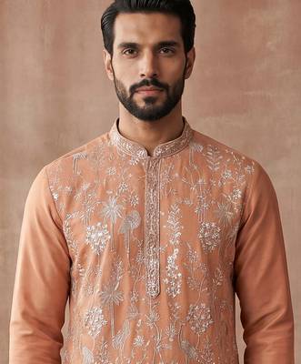 Mens orange modal embroidered calf length straight regular kurta with trouser 5