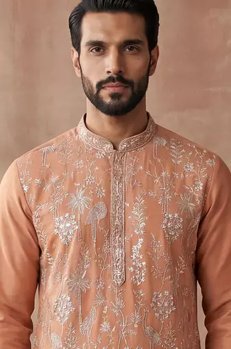 Mens orange modal embroidered calf length straight regular kurta with trouser