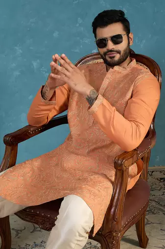 Mens peach modal embroidered calf length straight regular kurta