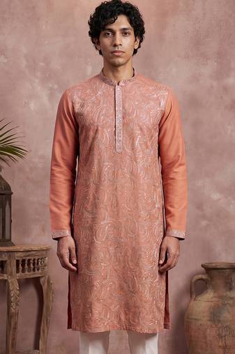 Mens peach modal embroidered calf length straight regular kurta