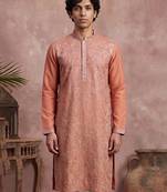 Mens peach modal embroidered calf length straight regular kurta