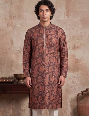 Mens grey modal floral printed calf length straight regular kurta 1