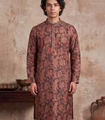 Mens grey modal floral printed calf length straight regular kurta