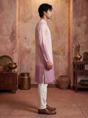 Mens pink silk blend woven design calf length straight regular kurta 4