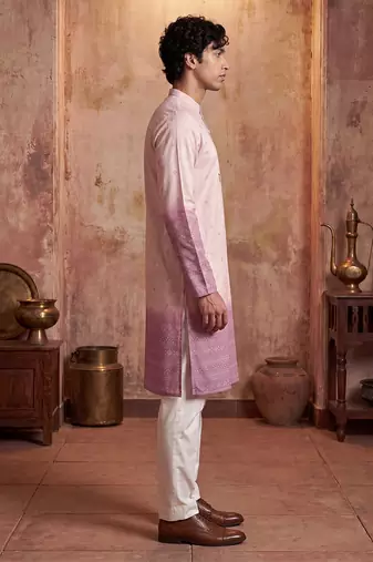 Mens pink silk blend woven design calf length straight regular kurta