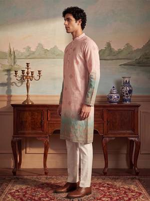 Mens peach silk blend woven design calf length straight regular kurta 4